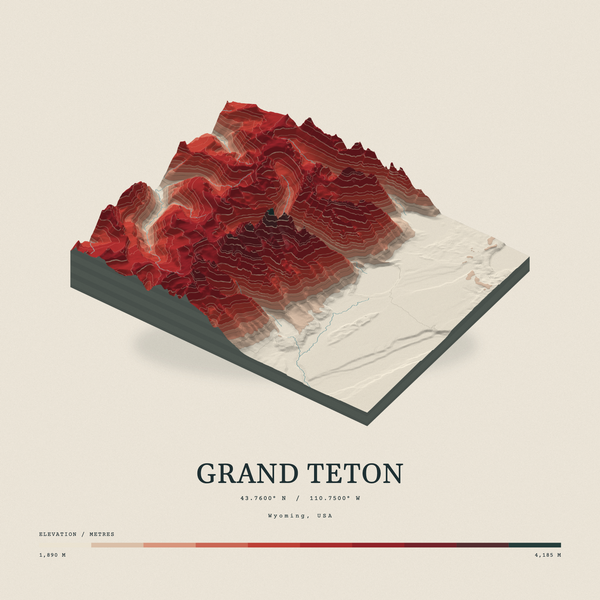 Grand Teton — Terrain Relief print in Red Earth (square)