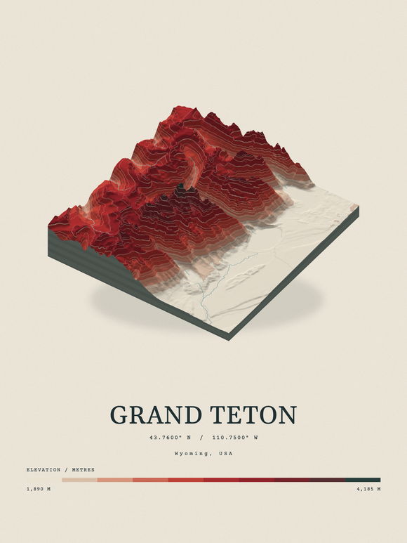 Grand Teton — Terrain Relief print in Red Earth