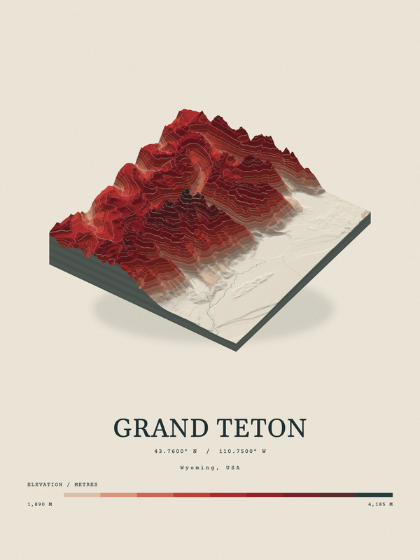 Grand Teton — Terrain Relief print in Red Earth