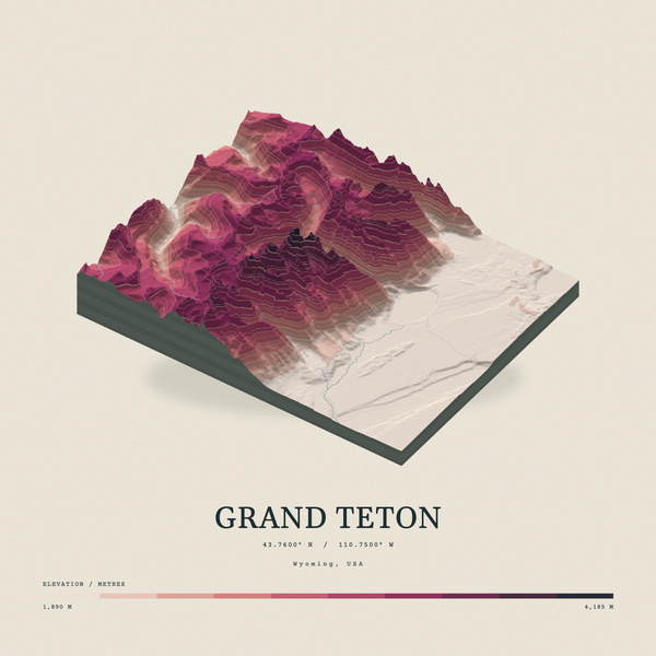 Grand Teton — Terrain Relief print in Rose & Stone (square)