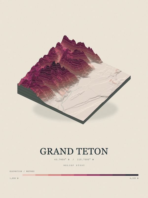 Grand Teton — Terrain Relief print in Rose & Stone