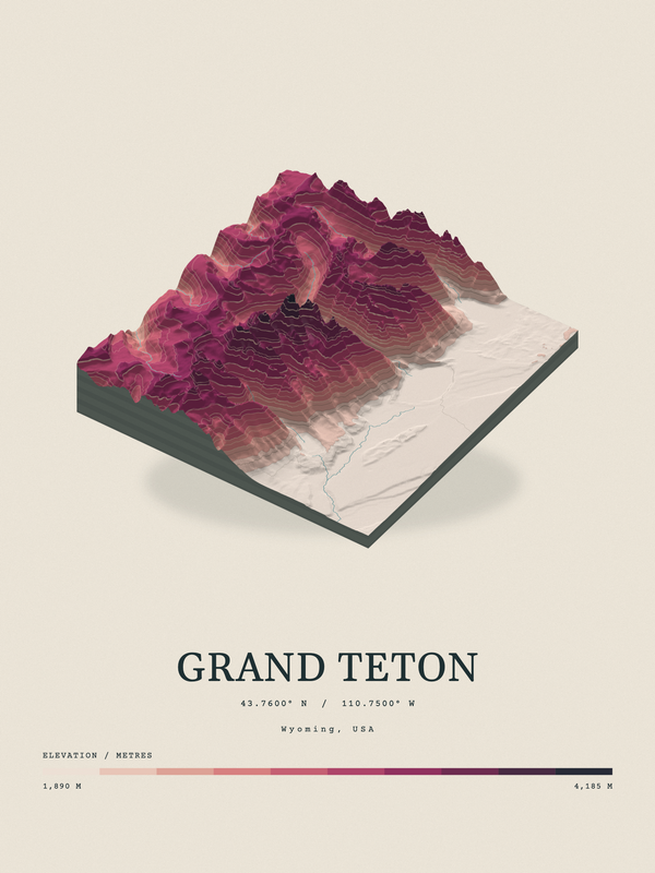 Grand Teton — Terrain Relief print in Rose & Stone