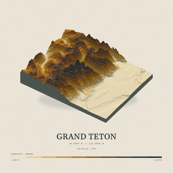 Grand Teton — Terrain Relief print in Saffron & Slate (square)