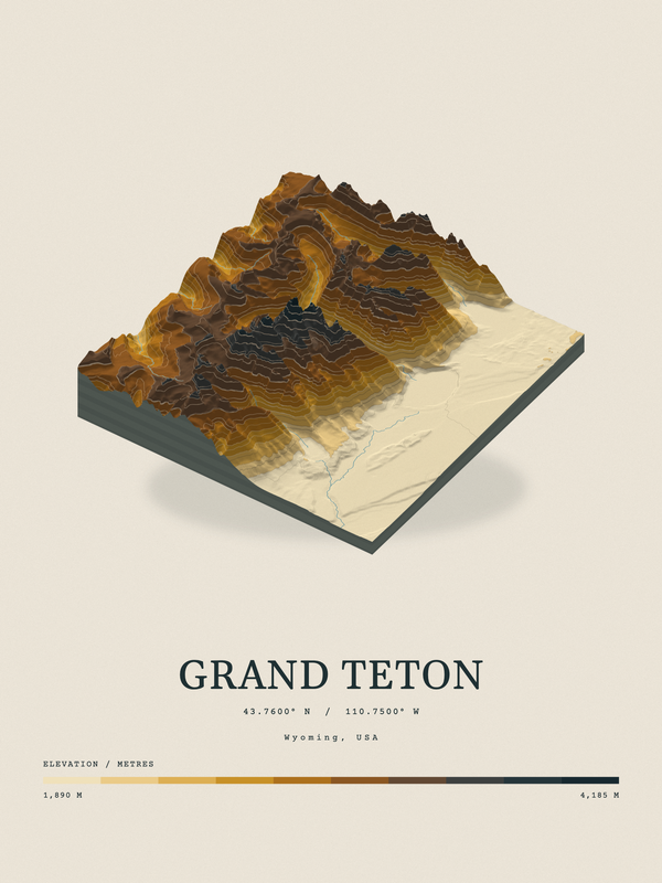 Grand Teton — Terrain Relief print in Saffron & Slate
