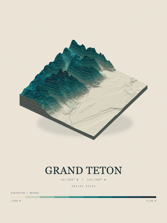 Grand Teton — Terrain Relief print in Alpine Teal