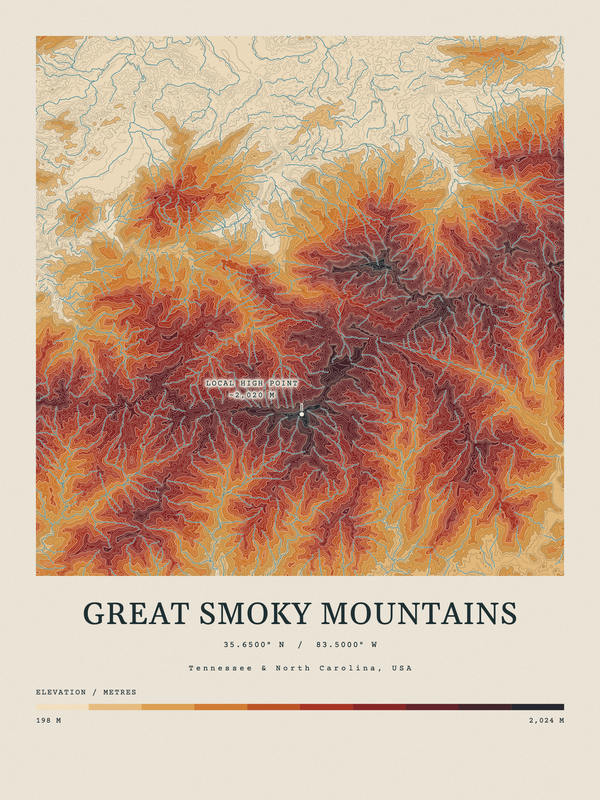 Great Smoky Mountains — Contour Colour print in Ember & Ochre
