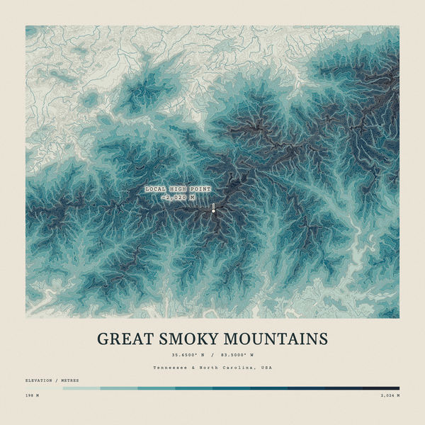 Great Smoky Mountains — Contour Colour print in Fjord (square)