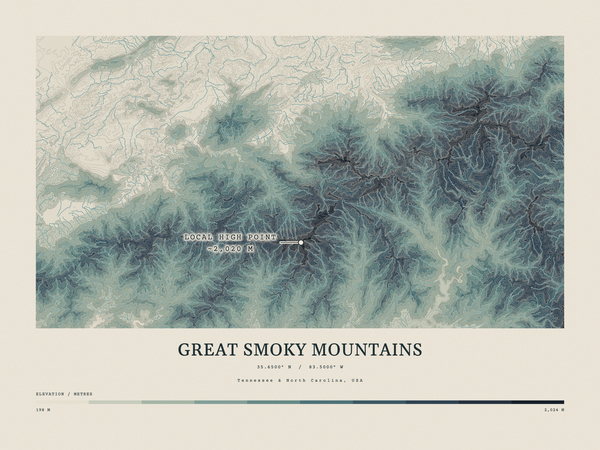Great Smoky Mountains — Contour Colour print in Graphite (landscape)