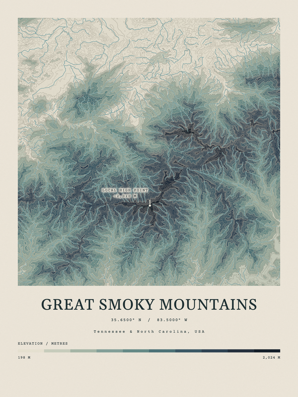 Great Smoky Mountains — Contour Colour print in Graphite