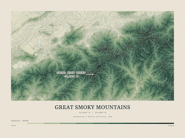 Great Smoky Mountains — Contour Colour print in Forest Floor (landscape)