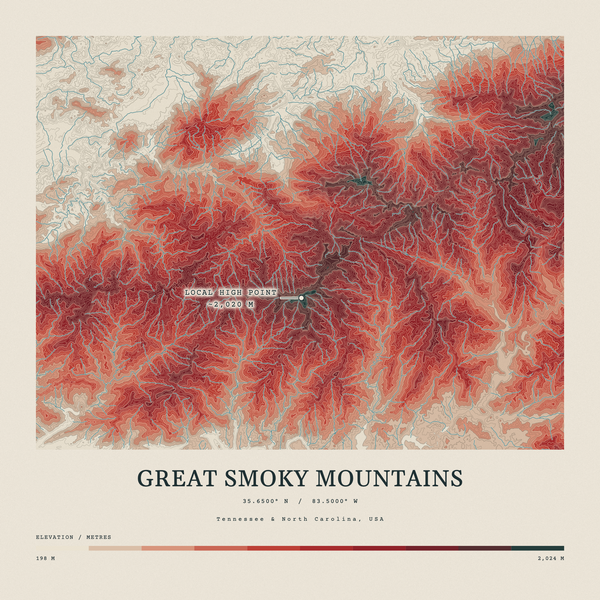 Great Smoky Mountains — Contour Colour print in Red Earth (square)