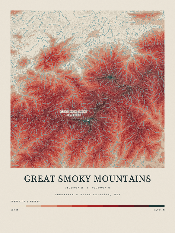 Great Smoky Mountains — Contour Colour print in Red Earth