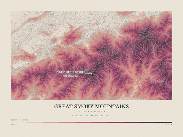Great Smoky Mountains — Contour Colour print in Rose & Stone (landscape)