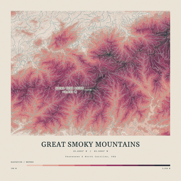 Great Smoky Mountains — Contour Colour print in Rose & Stone (square)