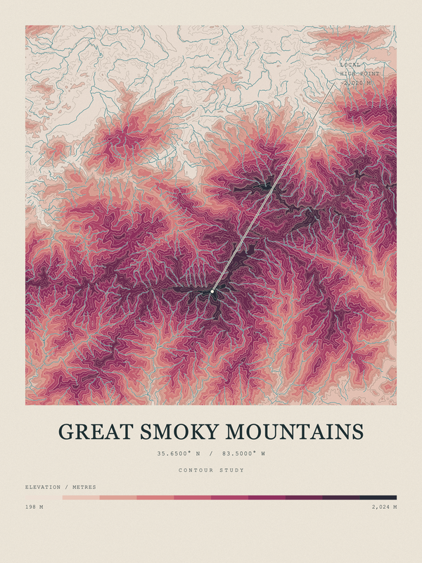 Great Smoky Mountains — Contour Colour print in Rose & Stone