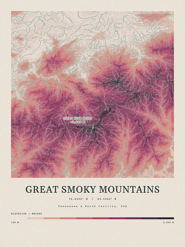 Great Smoky Mountains — Contour Colour print in Rose & Stone