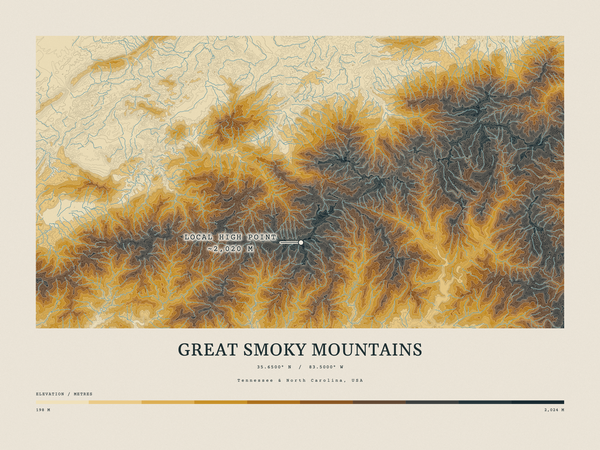 Great Smoky Mountains — Contour Colour print in Saffron & Slate (landscape)