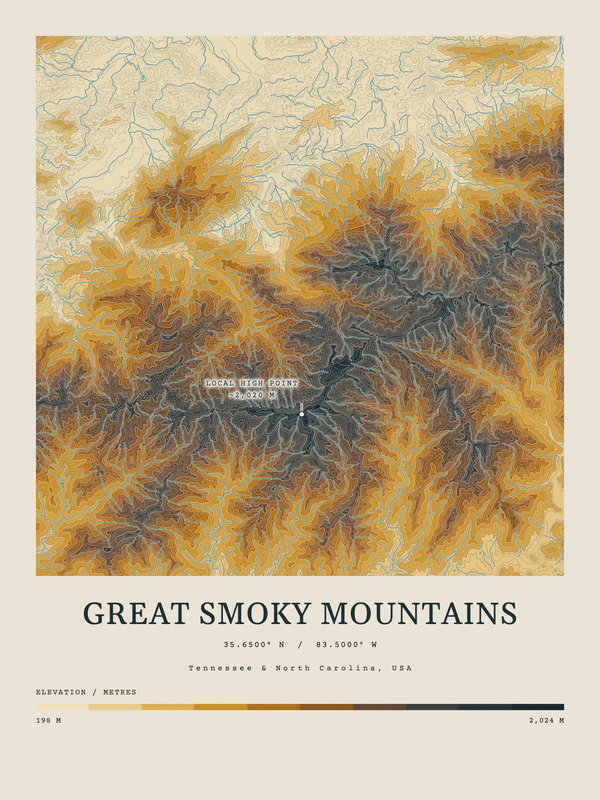 Great Smoky Mountains — Contour Colour print in Saffron & Slate