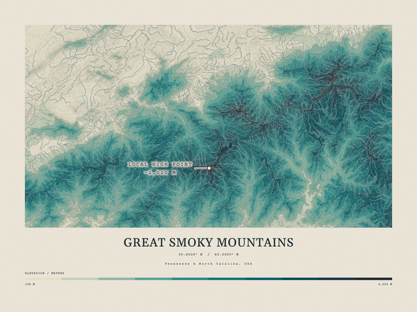 Great Smoky Mountains — Contour Colour print in Alpine Teal (landscape)