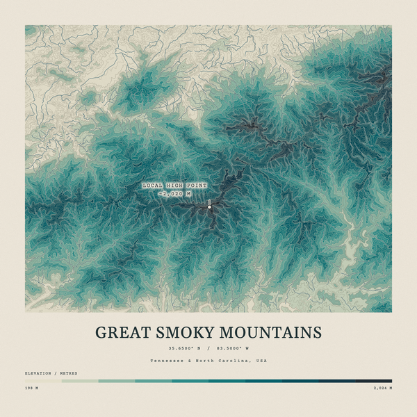 Great Smoky Mountains — Contour Colour print in Alpine Teal (square)