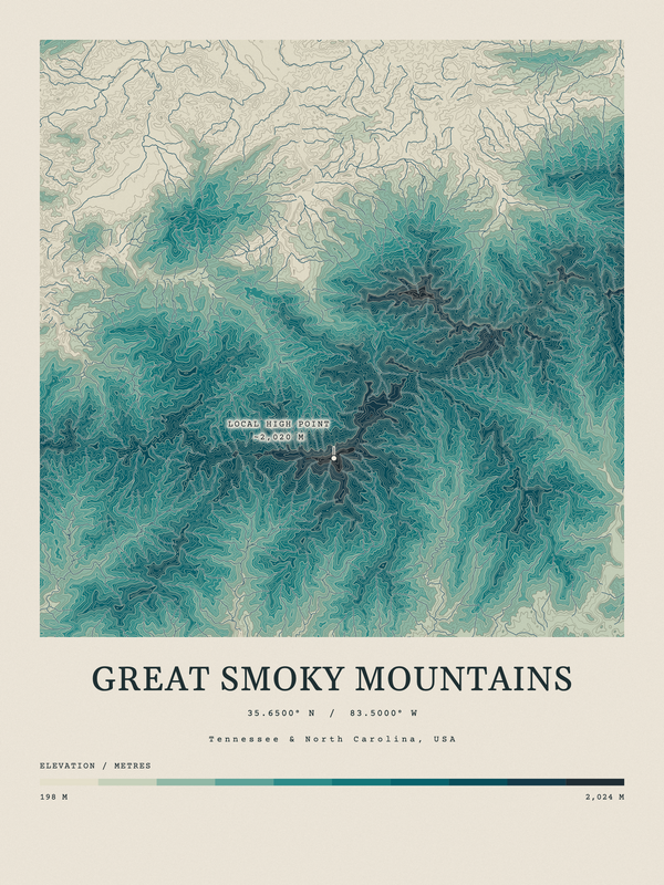 Great Smoky Mountains — Contour Colour print in Alpine Teal