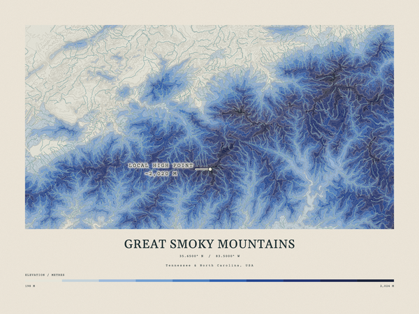 Great Smoky Mountains — Contour Colour print in Ultramarine (landscape)