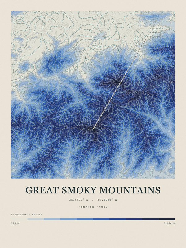 Great Smoky Mountains — Contour Colour print in Ultramarine