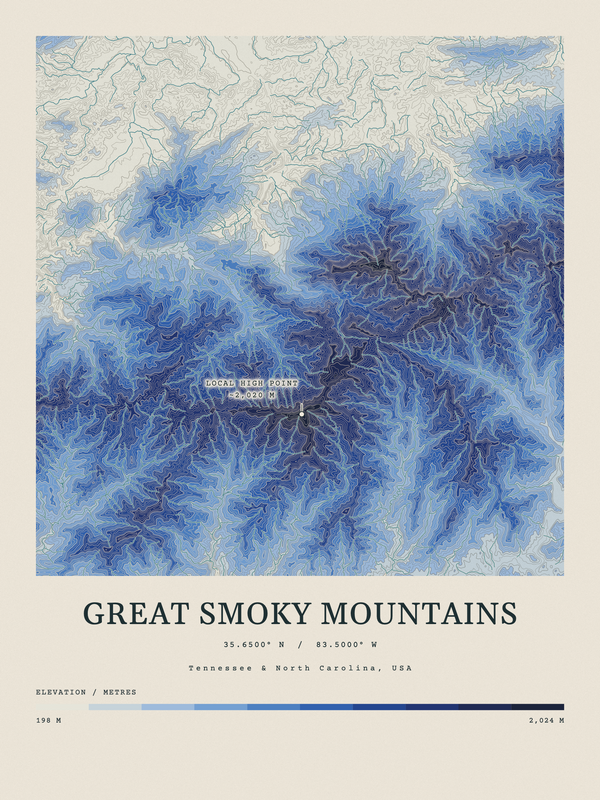 Great Smoky Mountains — Contour Colour print in Ultramarine