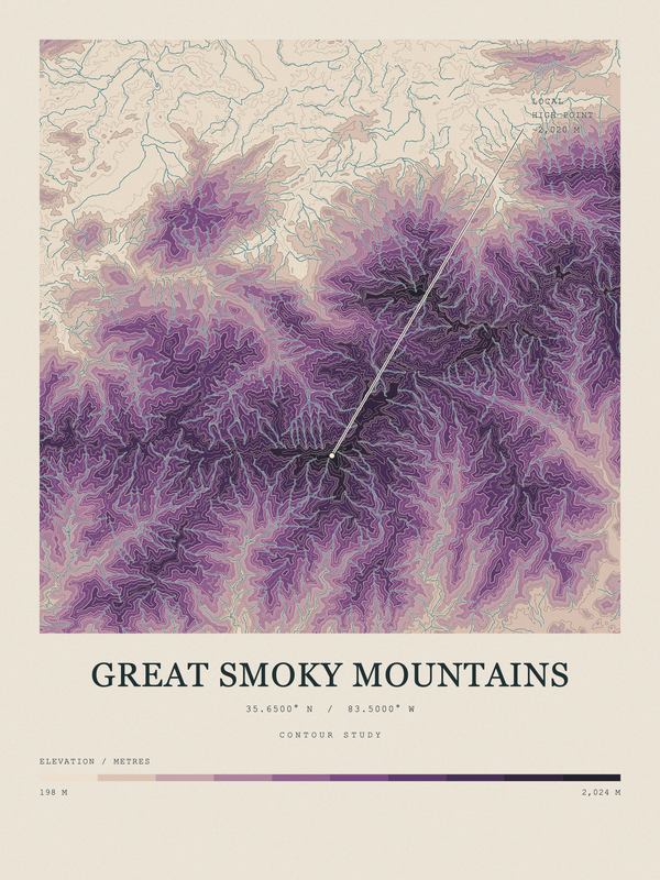 Great Smoky Mountains — Contour Colour print in Plum & Clay