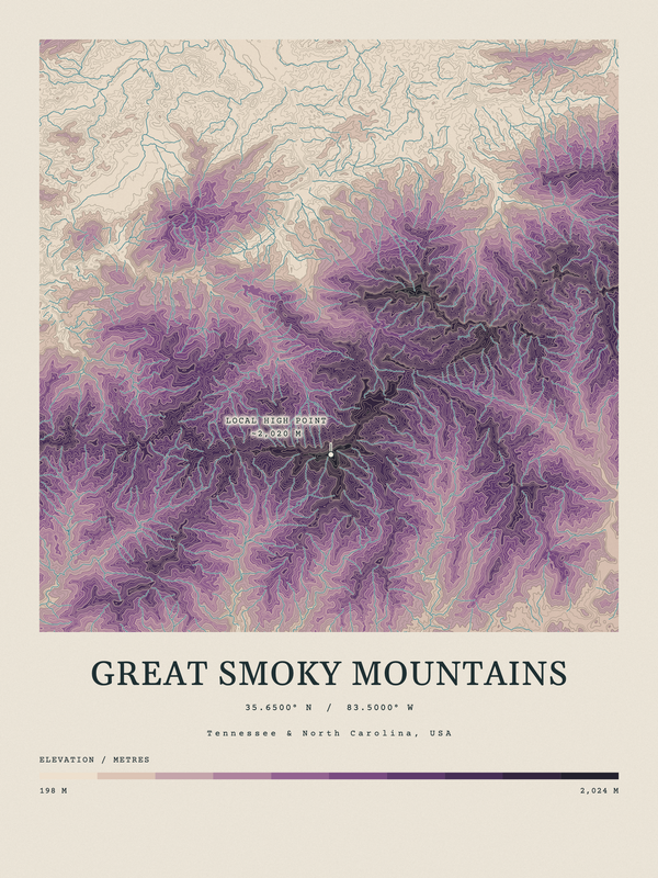 Great Smoky Mountains — Contour Colour print in Plum & Clay