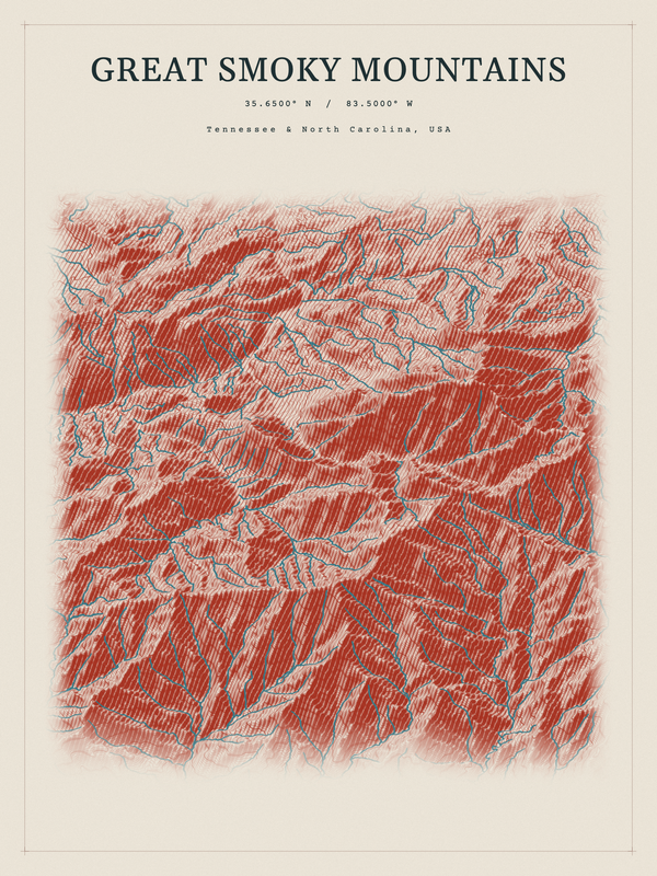 Great Smoky Mountains — Red Relief print in Ember & Ochre