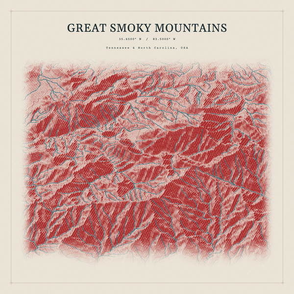Great Smoky Mountains — Red Relief print in Red Earth (square)