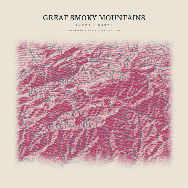 Great Smoky Mountains — Red Relief print in Rose & Stone (square)