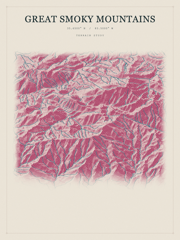 Great Smoky Mountains — Red Relief print in Rose & Stone