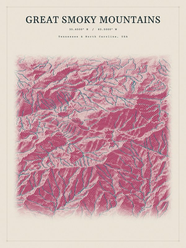 Great Smoky Mountains — Red Relief print in Rose & Stone