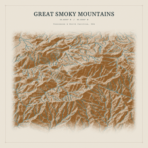 Great Smoky Mountains — Red Relief print in Saffron & Slate (square)