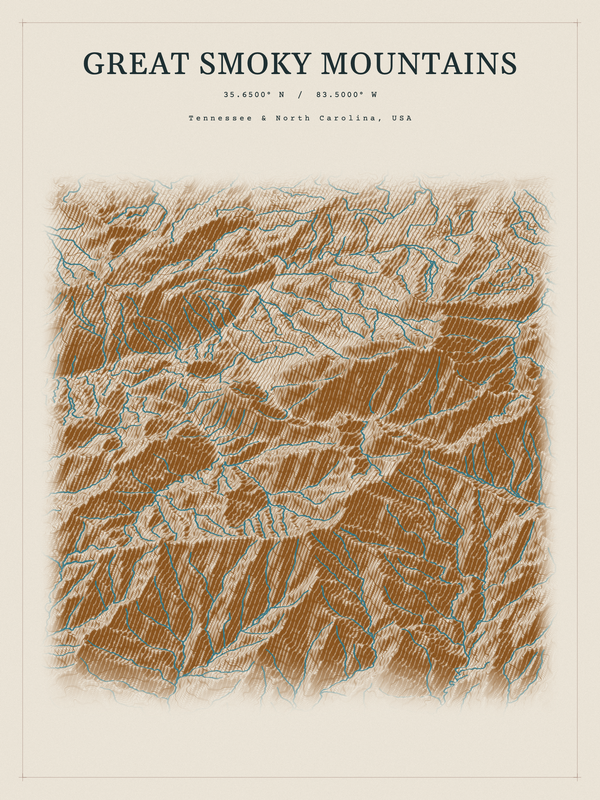 Great Smoky Mountains — Red Relief print in Saffron & Slate