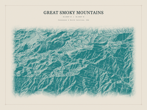 Great Smoky Mountains — Red Relief print in Alpine Teal (landscape)