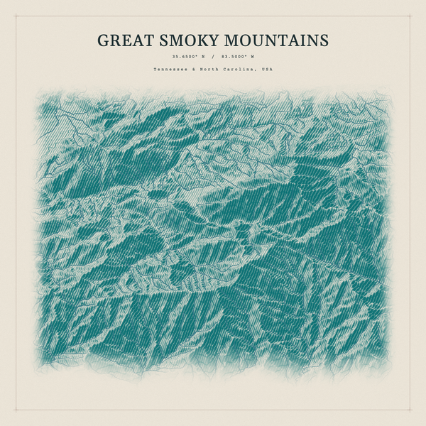 Great Smoky Mountains — Red Relief print in Alpine Teal (square)