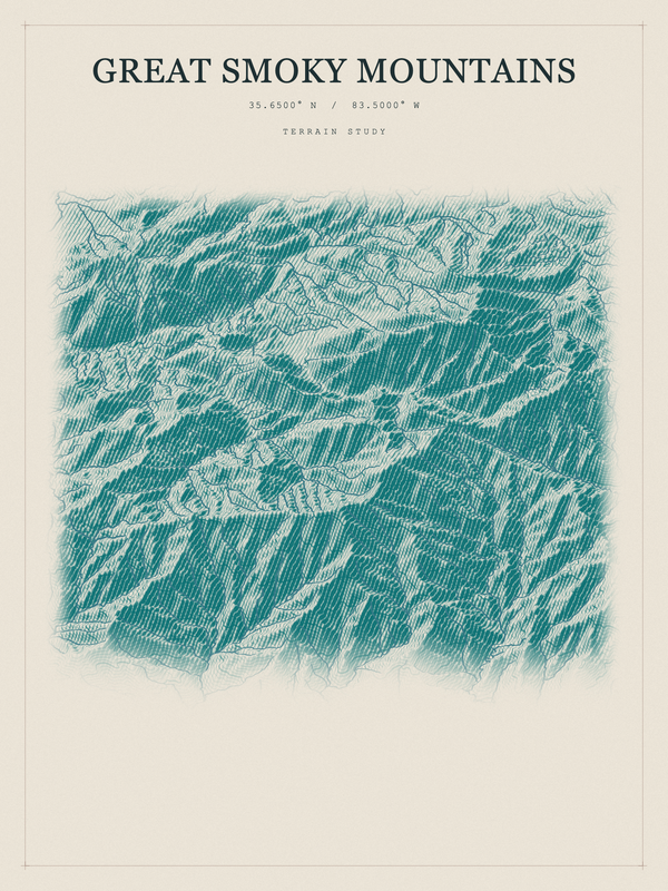 Great Smoky Mountains — Red Relief print in Alpine Teal