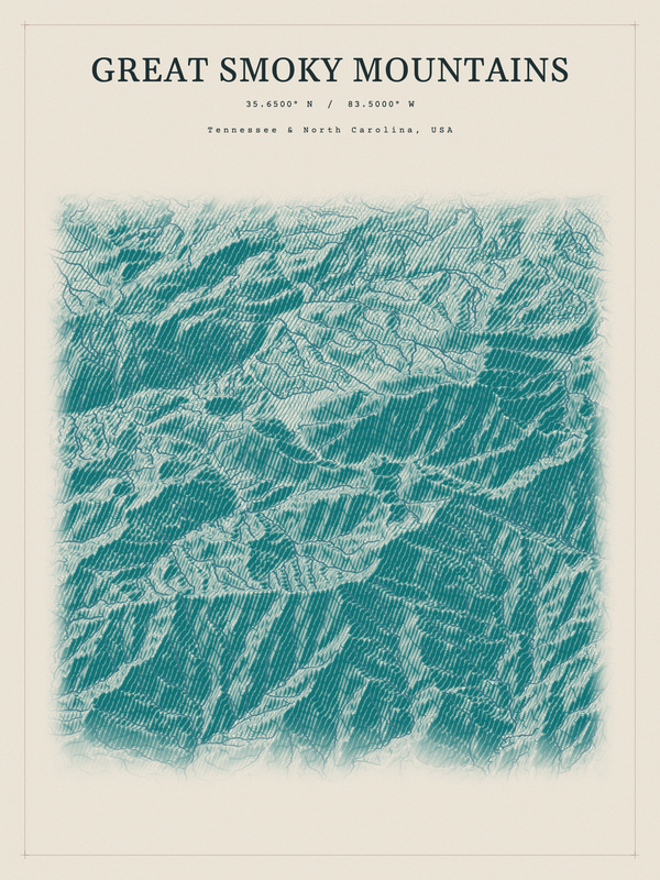 Great Smoky Mountains — Red Relief print in Alpine Teal