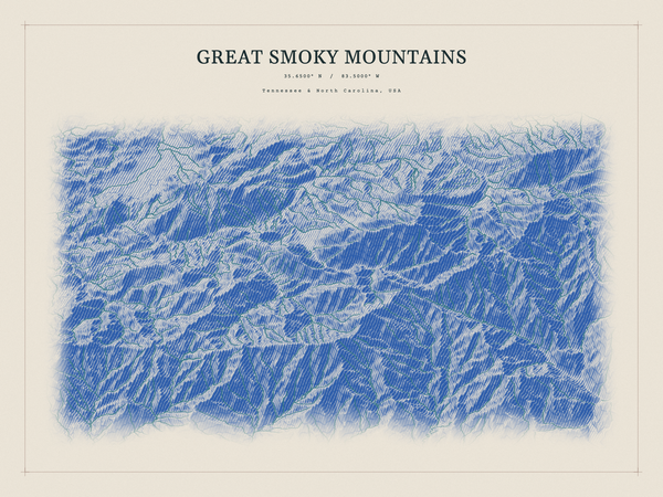 Great Smoky Mountains — Red Relief print in Ultramarine (landscape)