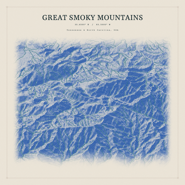 Great Smoky Mountains — Red Relief print in Ultramarine (square)