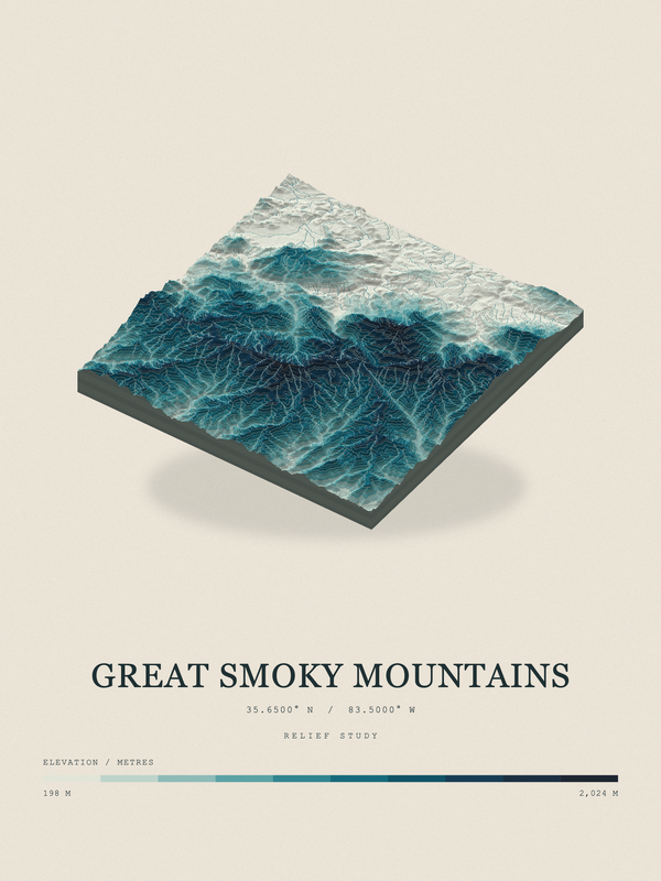 Great Smoky Mountains — Terrain Relief print in Fjord