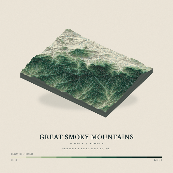 Great Smoky Mountains — Terrain Relief print in Forest Floor (square)