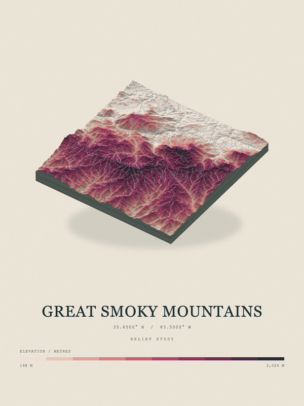 Great Smoky Mountains — Terrain Relief print in Rose & Stone