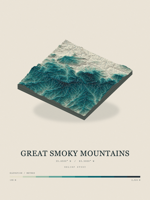 Great Smoky Mountains — Terrain Relief print in Alpine Teal