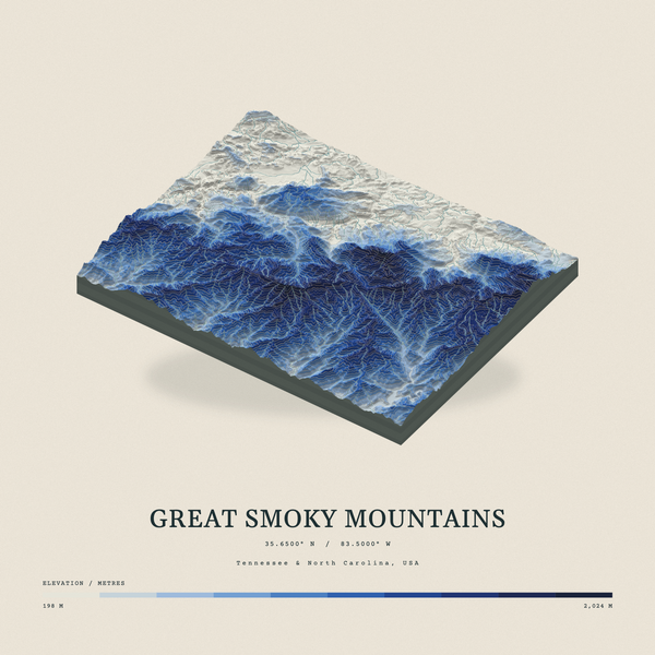Great Smoky Mountains — Terrain Relief print in Ultramarine (square)