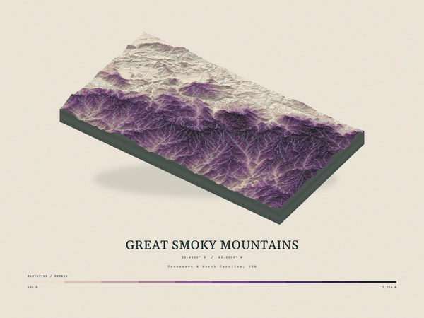Great Smoky Mountains — Terrain Relief print in Plum & Clay (landscape)