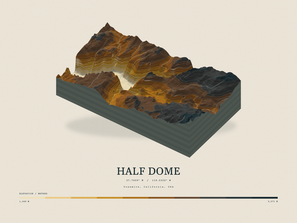Half Dome — Terrain Relief print in Saffron & Slate (landscape)